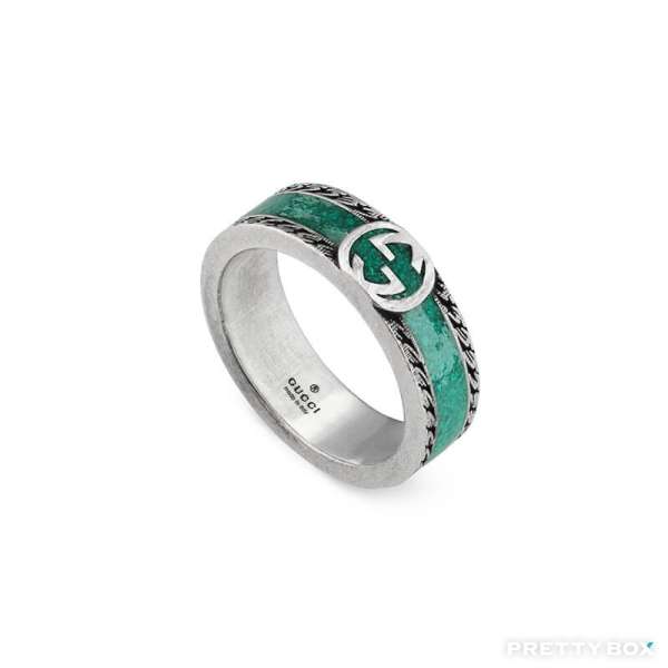 GUCCI INTERLOCKING G戒指(湖水綠色琺瑯) YBC645573 - SIZE "20"