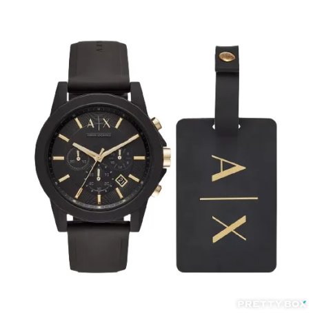 Armani Exchange AX7105 黑色錶盤黑色矽膠男士手錶 (連行李牌套裝)