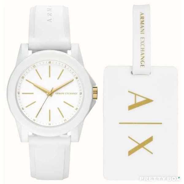 Armani ExchangeAX7126 白色錶盤白色矽膠女裝手錶 (連行李牌套裝)